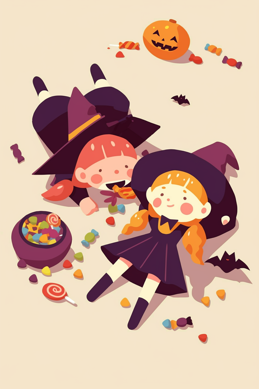 cute halloween drawings for kids, featuring two cute witches enjoying a feast of Halloween candies, a vibrant pumpkin, and playful bats around.